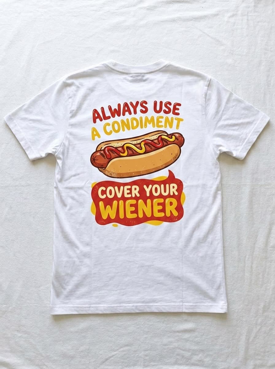 Back of a white t-shirt printed with always use a condiment above a hot dog with mustard and ketchup, and cover your wiener on a ketchup-shaped banner below.