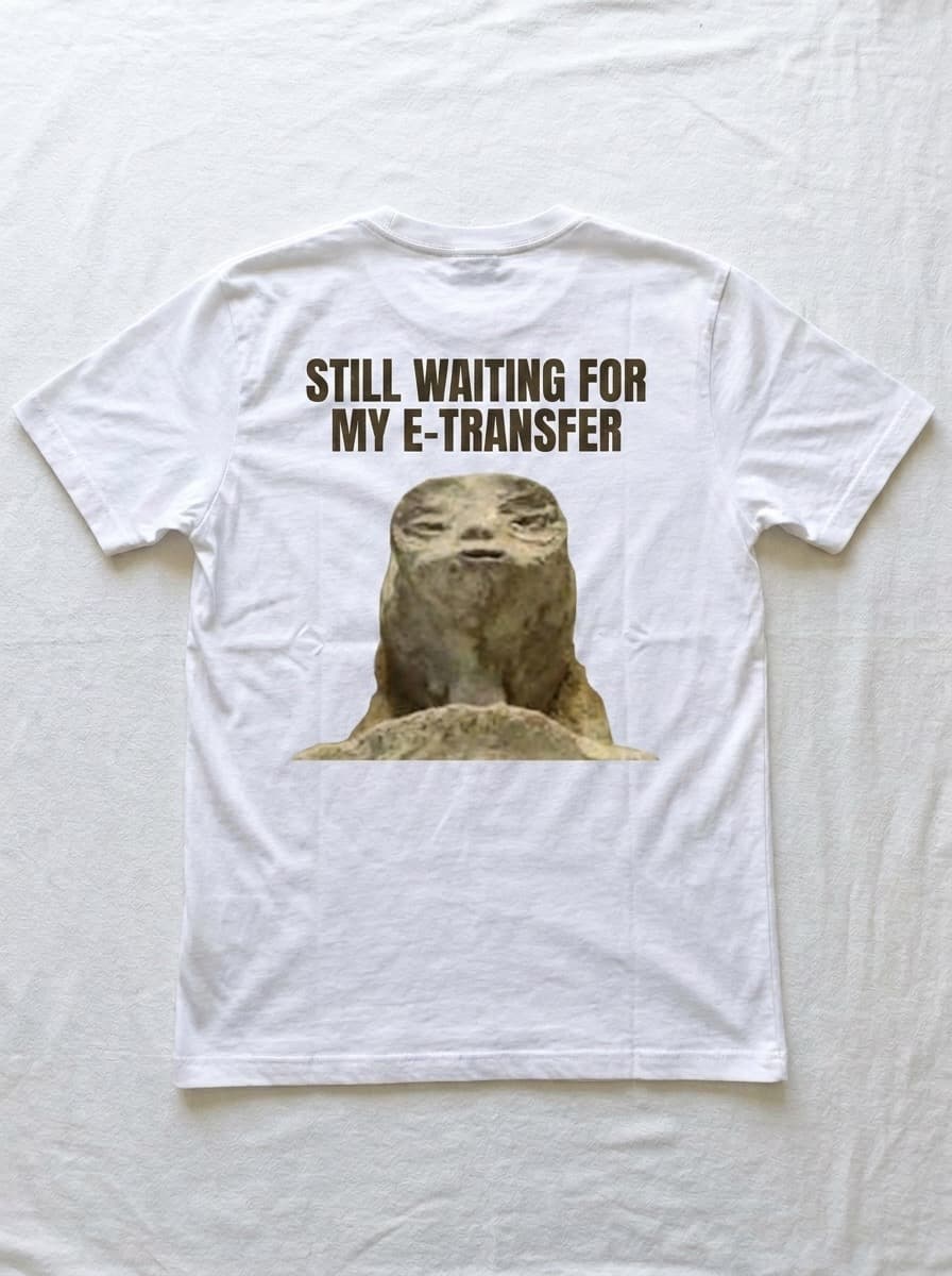 Back of a white t-shirt printed with the words still waiting for my e-transfer above a weathered stone creature sitting in a mound of dirt.
